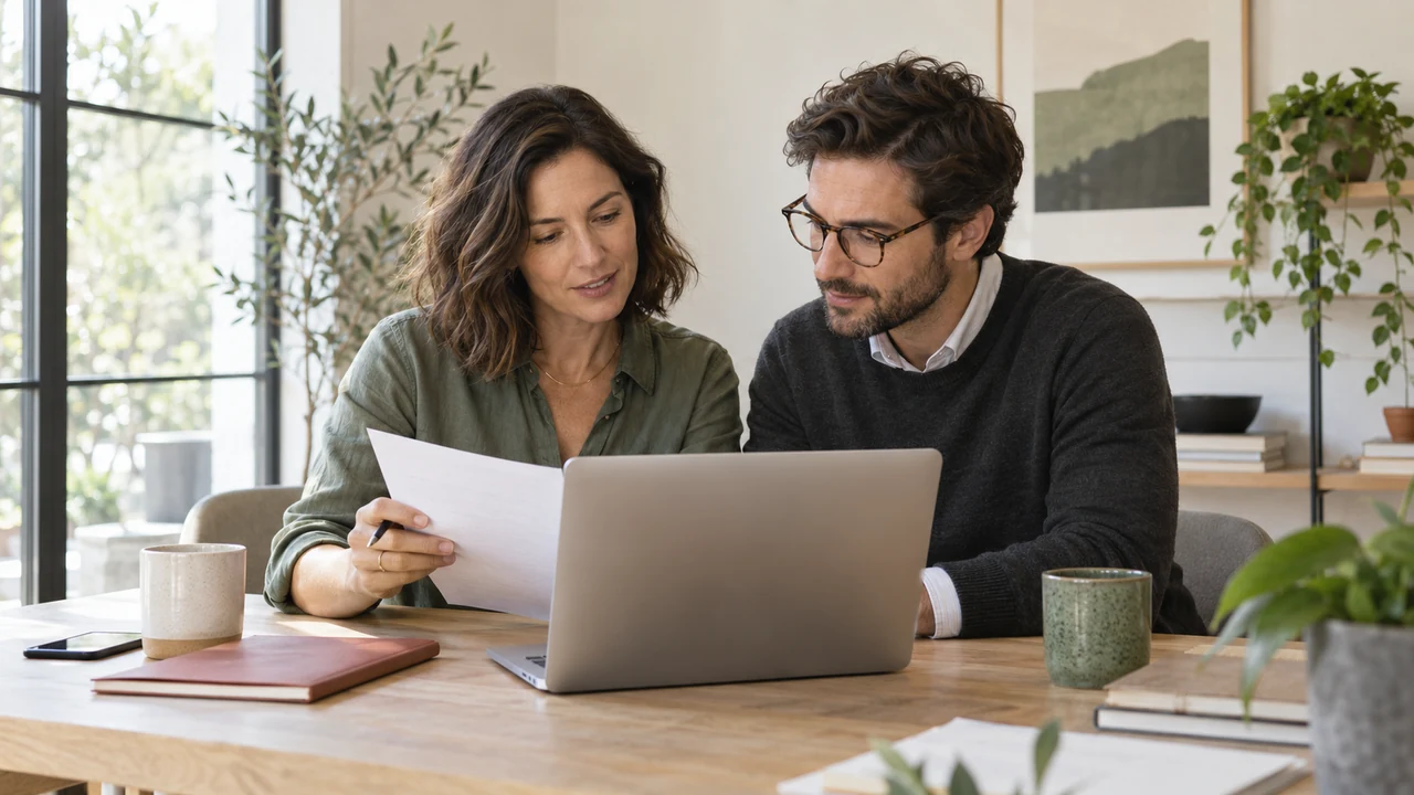 Two people review a document beside a laptop in a naturally lit workspace.